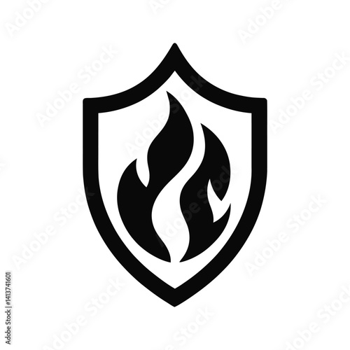 Fire protection shield icon in black minimalist vector style, flame security symbol for industrial safety branding, heat resistant material logo, fireproof insurance graphic on white background
