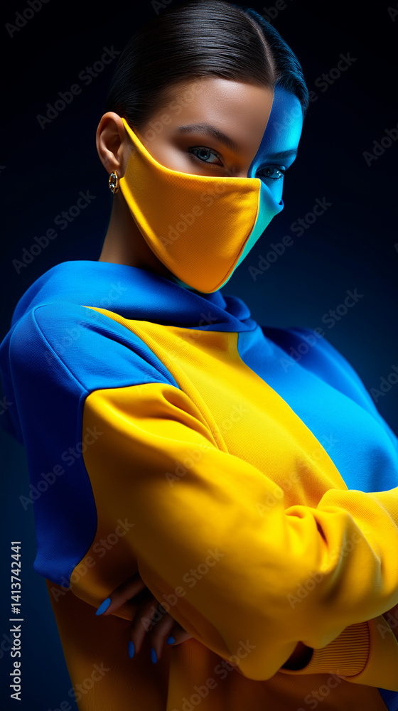Porträt einer Frau mit schwarzem Haar, die eine leuchtend gelbe Gesichtsmaske und passende gelbe Kleidung trägt. Ukraine Farben