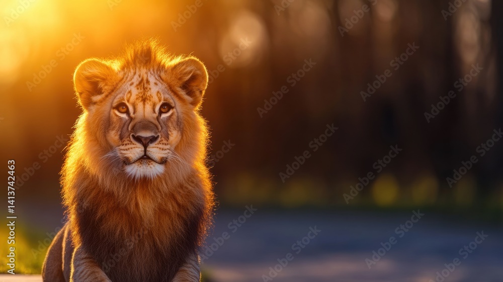 Fototapeta premium A young lion sits calmly in the fading light, surrounded by greenery, showcasing its vibrant mane and alert expression