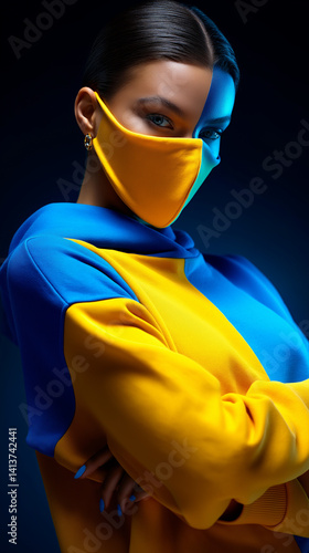 Obraz na płótnie Porträt einer Frau mit schwarzem Haar, die eine leuchtend gelbe Gesichtsmaske und passende gelbe Kleidung trägt. Ukraine Farben w salonie