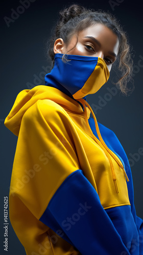 Porträt einer Frau mit schwarzem Haar, die eine leuchtend gelbe Gesichtsmaske und passende gelbe Kleidung trägt. Ukraine Farben