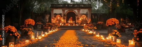 Day of the Dead Altar with Marigolds and Candles in Mexico