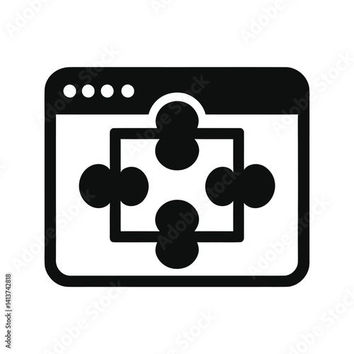 Minimalist browser window icon with puzzle piece graphic, black and white web development vector illustration, software integration and plugin symbol, digital solution and compatibility eps