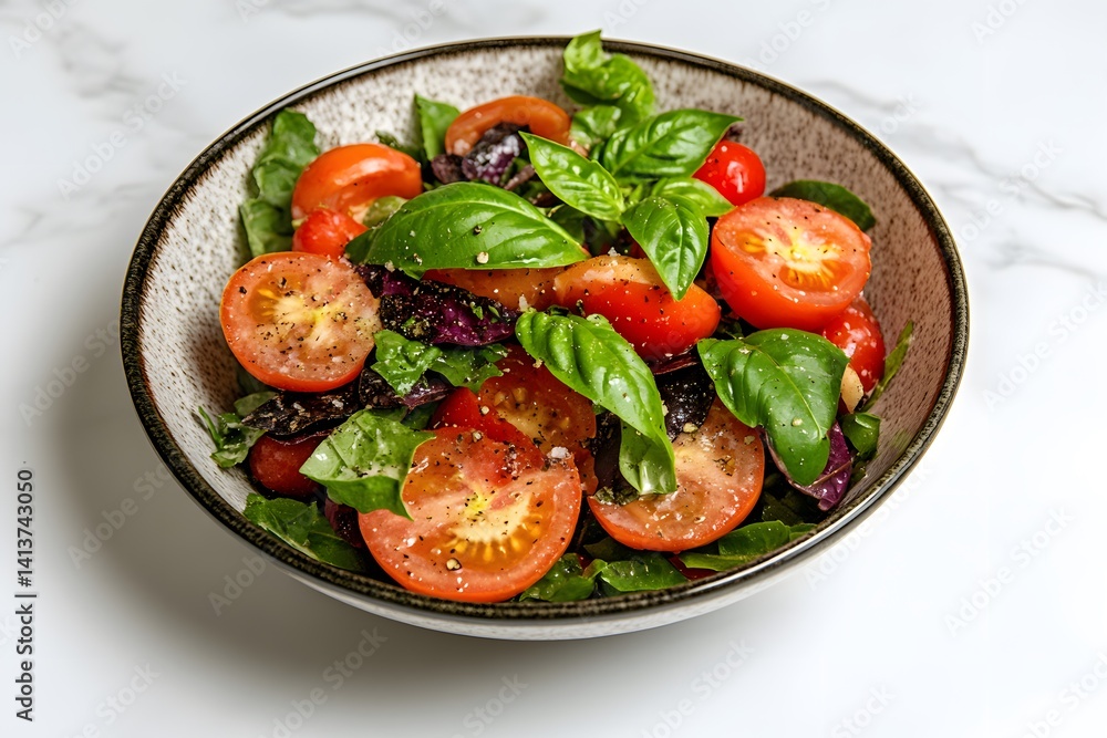 Delicious Tomato and Basil Salad in Bowl Delicious Tomato and Basil Salad in Bowl
