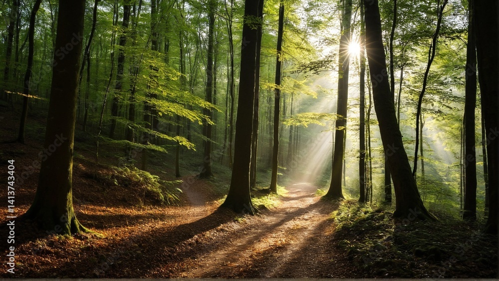 Fototapeta premium Sunlight Streaming Through the Verdant Canopy, Casting Long Shadows on a Forest Path Leading into the Unknown.