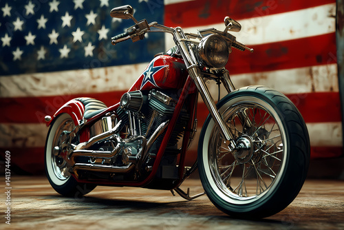 Freedom on Wheels: A custom motorcycle, adorned with patriotic colors and design, stands boldly against the backdrop of an aged American flag, capturing the spirit of independence and the open road.