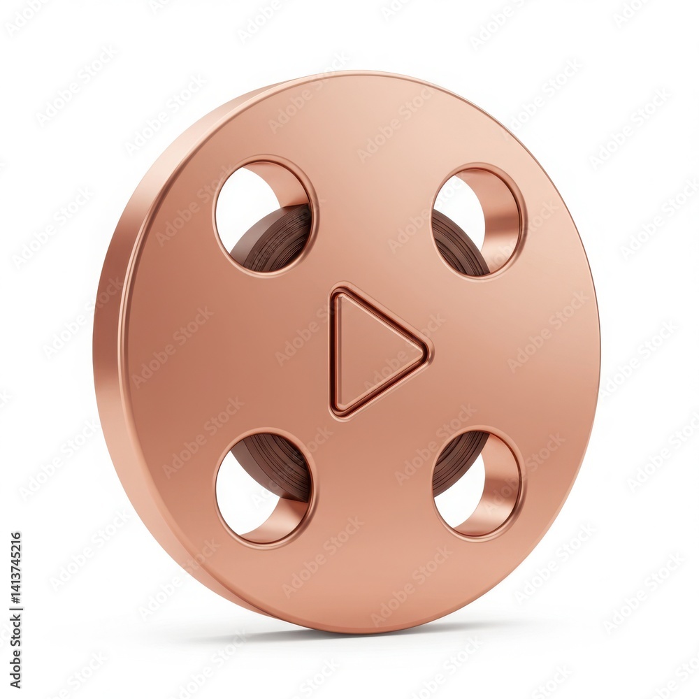 Fototapeta premium Copper colored disc with holes and triangle symbol isolated on white background