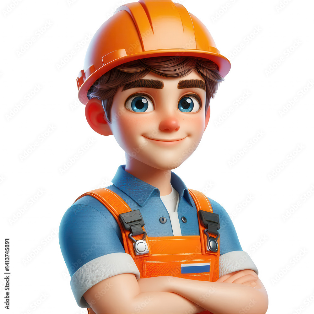 Friendly 3D boy construction worker smiling arms on transparent background Friendly 3D boy construction worker smiling arms on transparent background