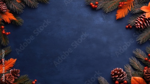 Colorful leaves and pine cones form a vibrant border on a dark blue surface, perfect for autumn and winter celebrations