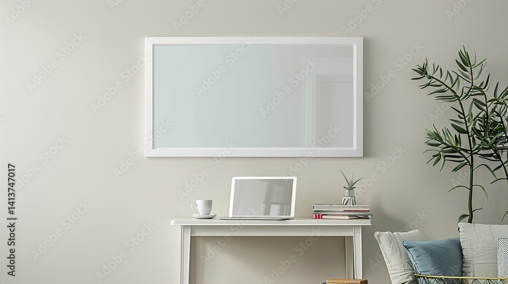 A white rectangular frame mounted in a hallway, above a small table with a cup, a laptop, and some books HD 8K wallpaper mockup Photographic Image A white rectangular frame mounted in a hallway, above a small table with a cup, a laptop, and some books HD 8K wallpaper mockup Photographic Image