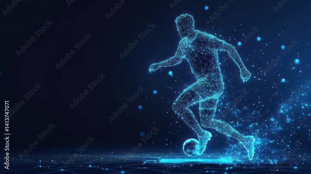 Fototapeta premium Futuristic Soccer Player Dribbling, Glowing, Dark Background, Sports Promotion