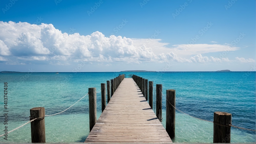 Fototapeta premium Serene Journey: A Wooden Pier Extends Over Crystal Turquoise Waters Towards a Distant Horizon Under a Sunny, Cloud-Adorned Sky.
