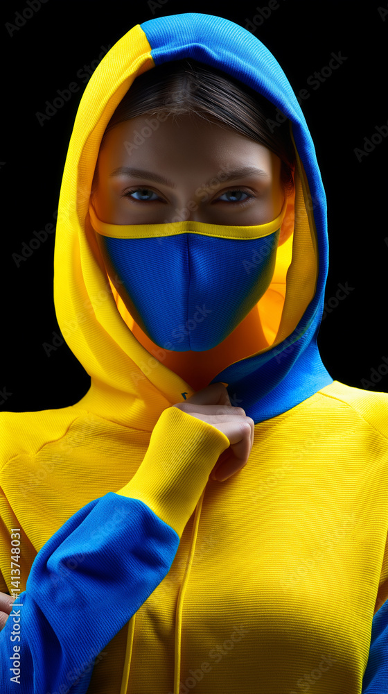 Porträt einer Frau mit schwarzem Haar, die eine leuchtend gelbe Gesichtsmaske und passende gelbe Kleidung trägt. Ukraine Farben