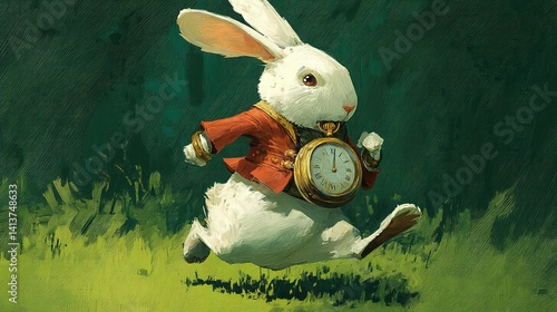 White rabbit hurrying through a lush forest.