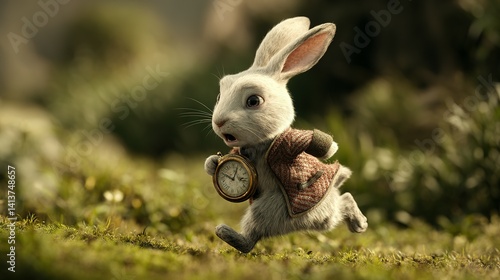 Animated white rabbit rushing with pocket watch.