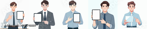 Vector collection of a young businessman man showing blank screen of tablet