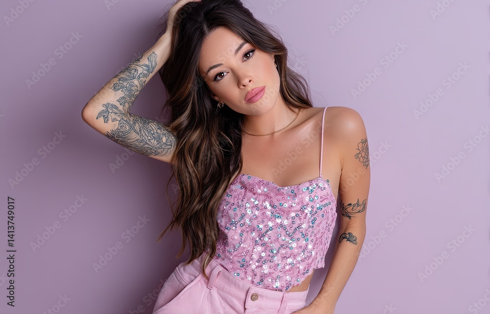 A young woman with shoulder-length brown hair and tattoos on her arms is wearing an elegant pastel pink sleeveless top adorned with blue sequins A young woman with shoulder-length brown hair and tattoos on her arms is wearing an elegant pastel pink sleeveless top adorned with blue sequins