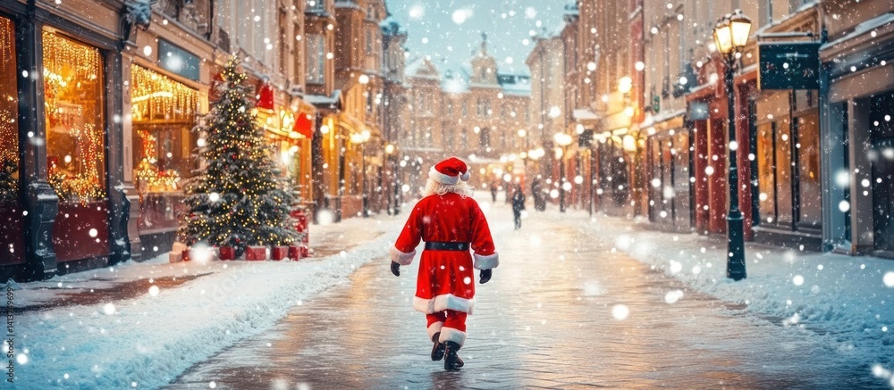 Obraz premium Santa's quiet journey through a snow-covered town, spreading holiday cheer