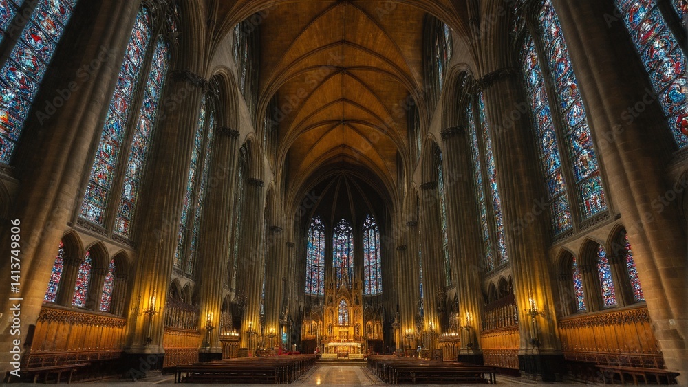 A Majestic Cathedral Interior: Soaring Arches, Stained Glass, and Timeless Architecture Creating a Sanctuary of Light. A Majestic Cathedral Interior: Soaring Arches, Stained Glass, and Timeless Architecture Creating a Sanctuary of Light.
