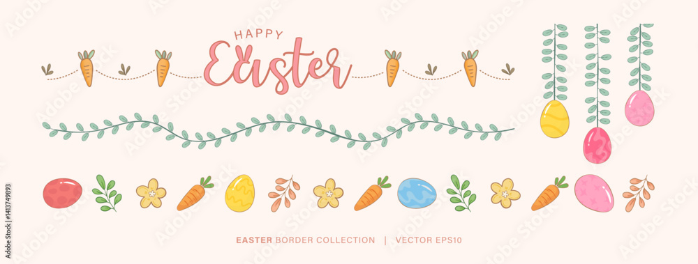 Easter background decoration element set, vector illustration, including Easter eggs, floral border design Easter background decoration element set, vector illustration, including Easter eggs, floral border design