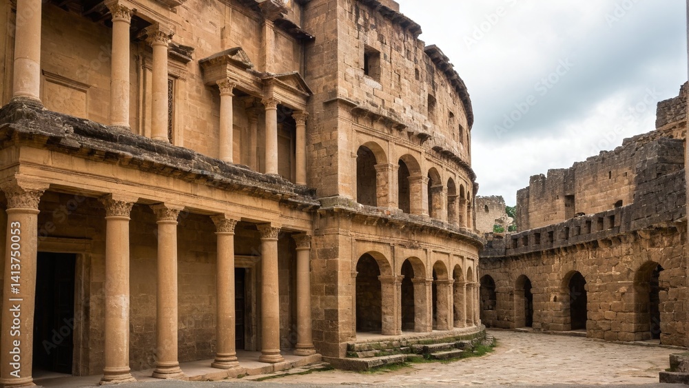 Obraz premium Ancient Arena's Echoes: A Journey Through Time and Stone, Unveiling Architectural Grandeur and Historical Significance Under Cloudy Skies