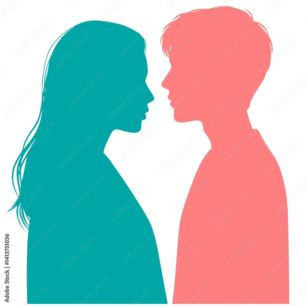 Fototapeta premium Silhouettes of a woman with long hair and a man with a neat haircut.