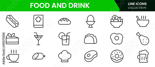 Vector illustration web line icon collection featuring food and drink elements—fruits, vegetables, beverages, utensils, meals, snacks, cooking tools, and dining essentials in minimalist style.