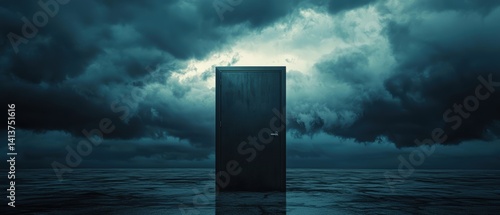 Dark and Stormy Scene Featuring a Sturdy Reinforced Door Amidst Menacing Clouds, Evoking a Sense of Shelter and Protection from an Impending Tornado