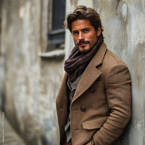Stylish man in brown coat, leaning against aged wall in urban alleyway
