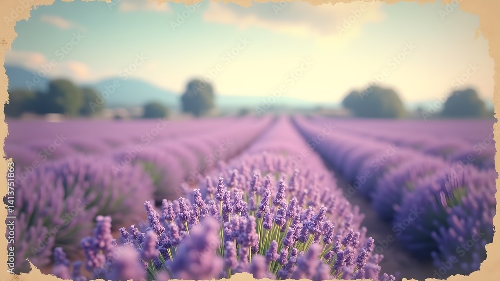 Obraz premium Scenic Rows of Lavender Flowers Blooming in a Farm Field on a Sunny Day, Soft Focus Background
