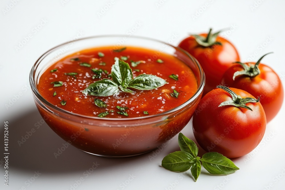 Tomato sauce in a glass bowl, fresh basil garnish Tomato sauce in a glass bowl, fresh basil garnish