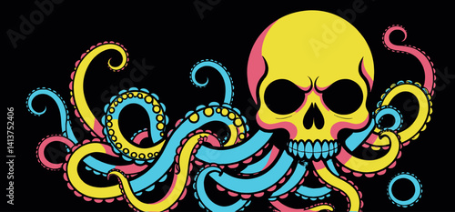 Colorful Skull Octopus Illustration_Vibrant Graphic Art with Tentacles_Unique Design for Posters and Prints_Bold and Eye Catching Artwork_Modern Skull Illustration