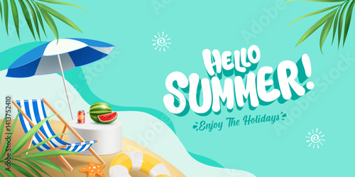 Hello summer holiday beach vacation theme horizontal banner. Summer greeting or travel poster