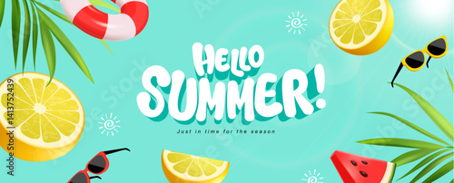 Hello Summer with watermelon, swimming ring, sunglass, starfish, beach ball and soda . Art and craft style. Use for ads, banner, poster, card, cover, stickers, badges, illustration design