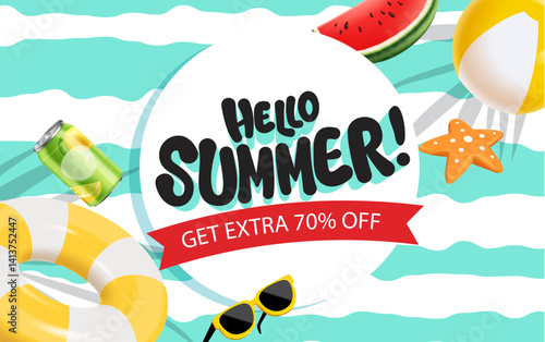 Hello Summer sale with watermelon, swimming ring, sunglass, starfish, beach ball and soda . Art and craft style. Use for ads, banner, poster, card, cover, stickers, badges, illustration design