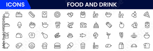 Vector illustration web line icon collection featuring food and drink elements—fruits, vegetables, beverages, utensils, meals, snacks, cooking tools, and dining essentials in minimalist style.