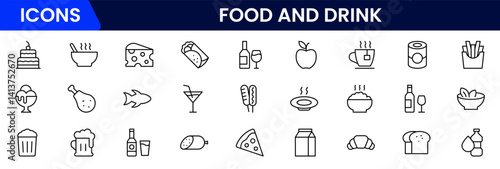 Vector illustration web line icon collection featuring food and drink elements—fruits, vegetables, beverages, utensils, meals, snacks, cooking tools, and dining essentials in minimalist style.