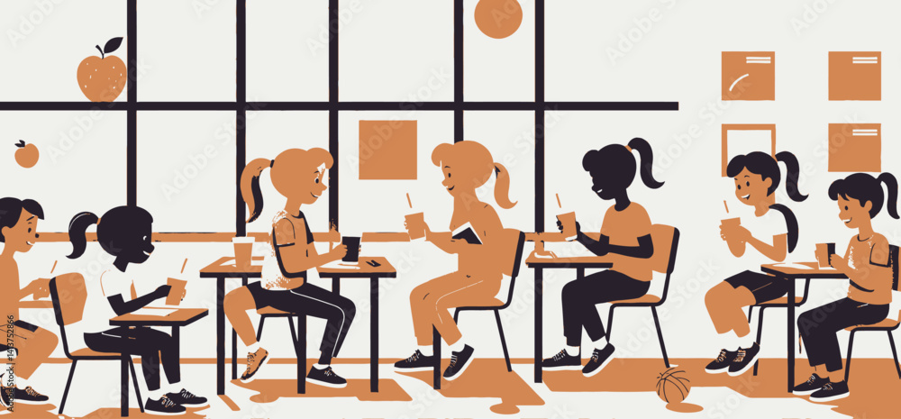 Diverse Students Enjoying Juice_Break in School Cafeteria_Cartoon Illustration_Healthy Lifestyle_Education and Nutrition_Kids at Lunch_Classroom Scene_School Life_Student Health Diverse Students Enjoying Juice_Break in School Cafeteria_Cartoon Illustration_Healthy Lifestyle_Education and Nutrition_Kids at Lunch_Classroom Scene_School Life_Student Health