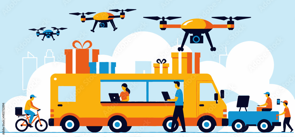 Fototapeta premium Drone Delivery_Innovative Logistics Solutions_Future of Shipping with Autonomous Vehicles and Mobile Workforce_Optimized for Efficiency_Last Mile Delivery