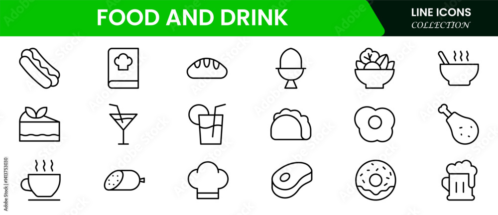 Fototapeta premium Vector illustration web line icon collection featuring food and drink elements—fruits, vegetables, beverages, utensils, meals, snacks, cooking tools, and dining essentials in minimalist style.