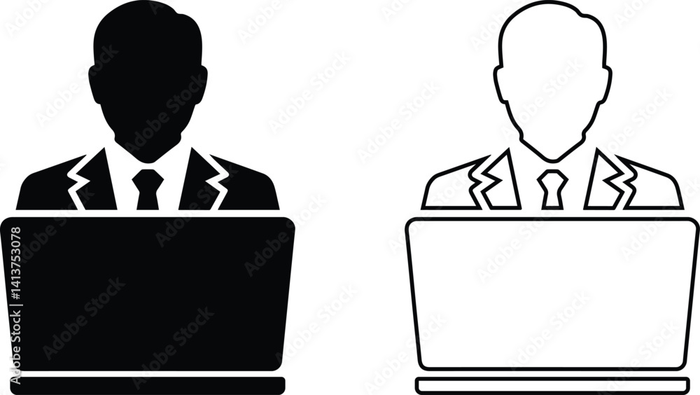 Minimalist Business Professional Icon at Laptop—Black and White Silhouette Minimalist Business Professional Icon at Laptop—Black and White Silhouette