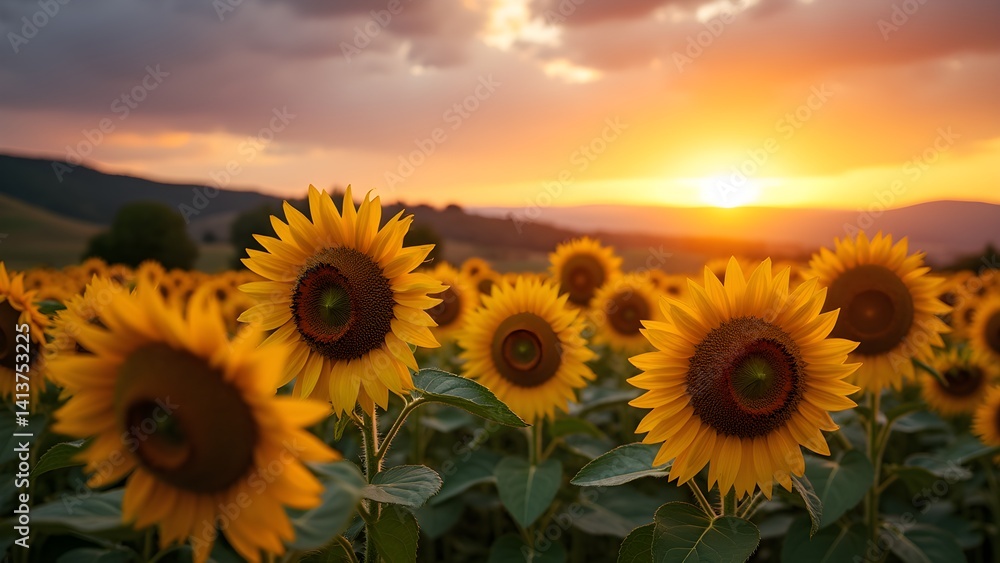 Fototapeta premium Field of Blooming Sunflowers at Sunset: A Scenic Summer Landscape with a Vibrant Sky