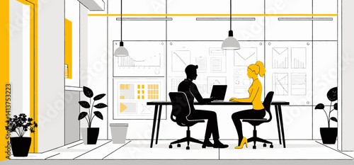 Office_Meeting_Illustration_Two_Professionals_Collaborating_on_Laptop_in_Modern_Workspace_Yellow_and_Black_Design_Business_Teamwork_and_Productivity_Image