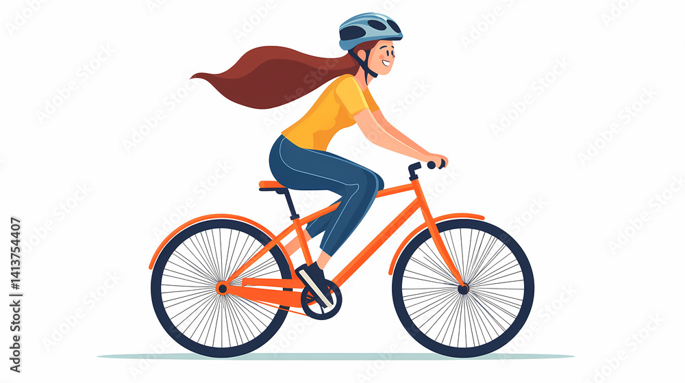 Obraz premium Girl Cycling on Bicycle: This vibrant illustration depicts a young girl on a bicycle, joyfully cycling through a sunny day, embodying freedom and the spirit of outdoor activity.