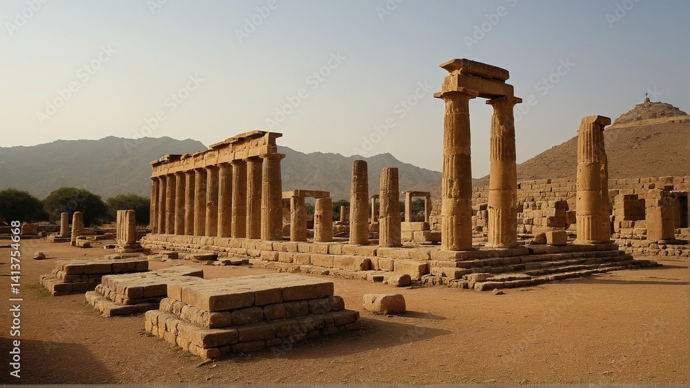 Fototapeta premium Ancient Echoes in Stone: Ruins of a Classical Temple Under a Pale Sky, a Testimony to Time.