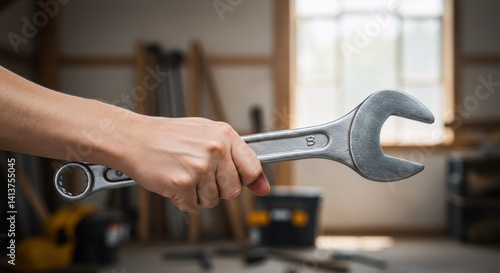 Wallpaper Mural Hand holding large wrench in workshop. Labor Day concept. Mechanic tool for repair and maintenance. Industrial worker, blue collar job symbol. Career in trades Torontodigital.ca