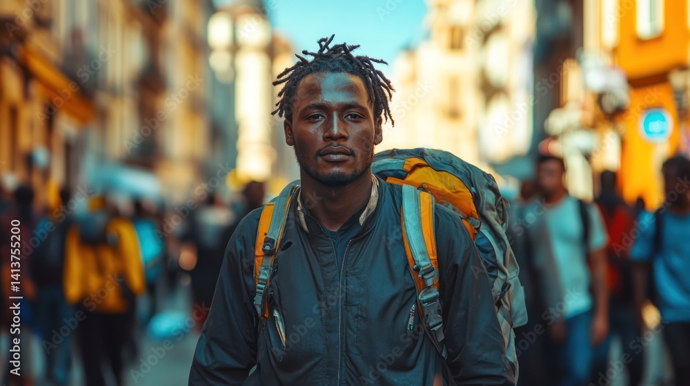 Traveler, city street, backpack, portrait, crowd, journey, confident, focus, urban exploration, travel blog Traveler, city street, backpack, portrait, crowd, journey, confident, focus, urban exploration, travel blog