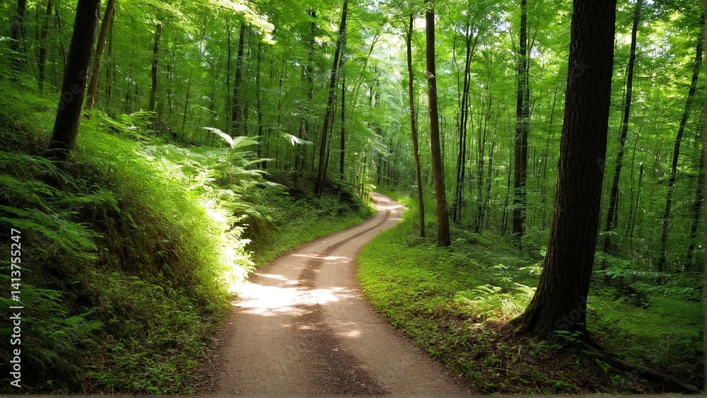 Fototapeta premium A Tranquil Path Through Emerald Woods: Exploring Nature's Serenity Along a Winding Forest Trail.