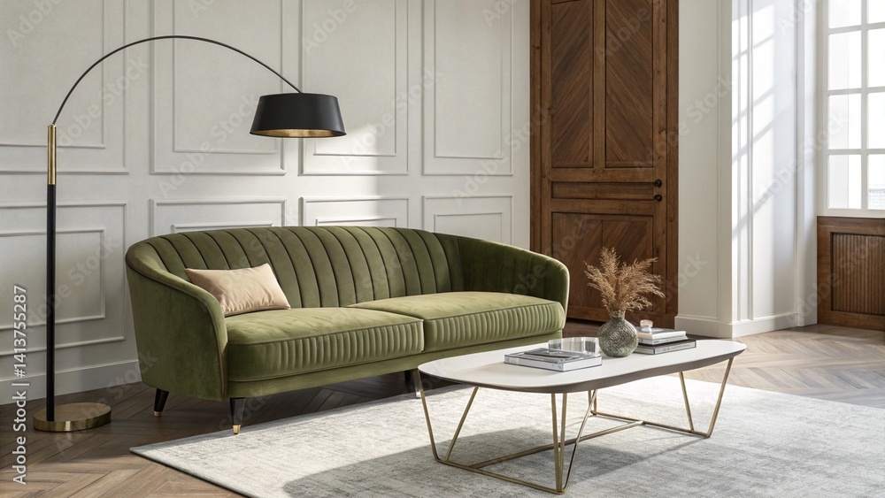Fototapeta premium Elegant Green Velvet Sofa Modern Living Room Design,