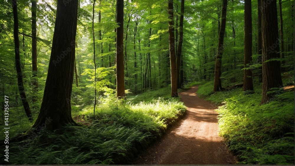 Fototapeta premium A Sun-Dappled Path Winding Through the Emerald Forest: An Invitation to Explore the Tranquility of Nature's Verdant Embrace.